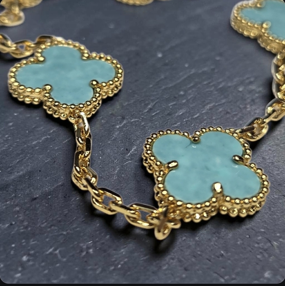Luxury 18k Gold Plated Turquoise Clover 10 Station Alhambra Necklace - Picture 5 of 5